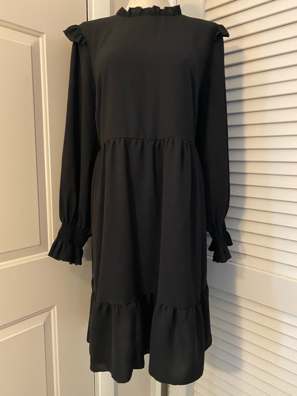 SHEIN Black Long Sleeve Ruffle Neck A-Line Dress- Size 3XL
